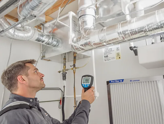 Groton Air Duct Cleaning expert conducting detailed filter system inspection using diagnostic tools in Groton